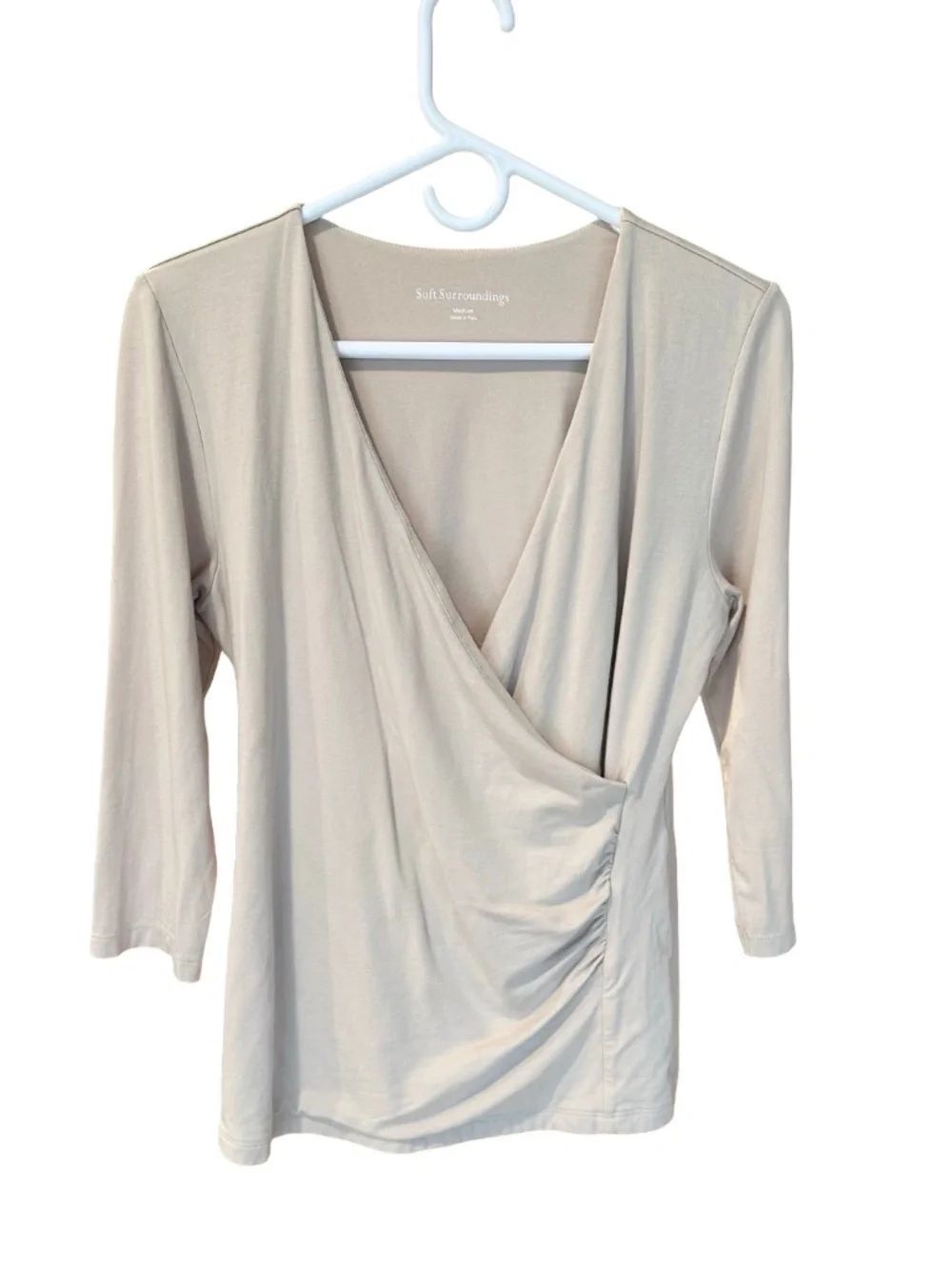 Soft Surroundings Faux Wrap Ruched Top 3/4 Sleeve Cream/Tan/Oatmeal Med